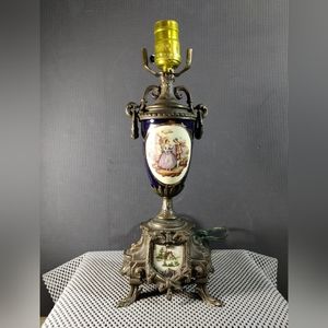 Vintage Gilded Metal Cobalt Blue Porcelain Amphora Rococo Sévres  Style Lamp